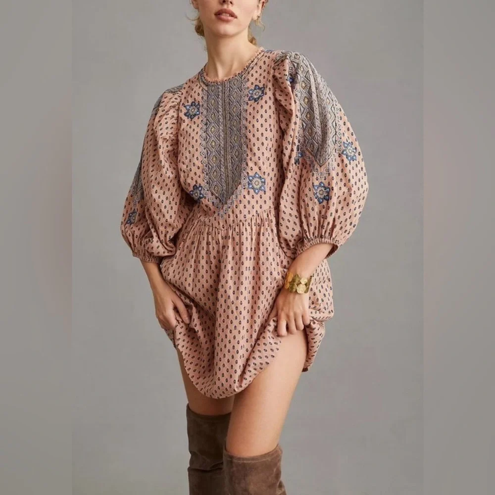 ANTHROPOLOGIE  Embroidered Cotton  Boho Mini Tunic Dress SZ 6 - Picture 6 of 17